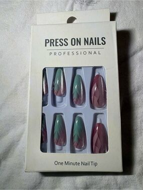 Sage Green & Mauve Metallic Press On Nails Almond 24 Pc Set